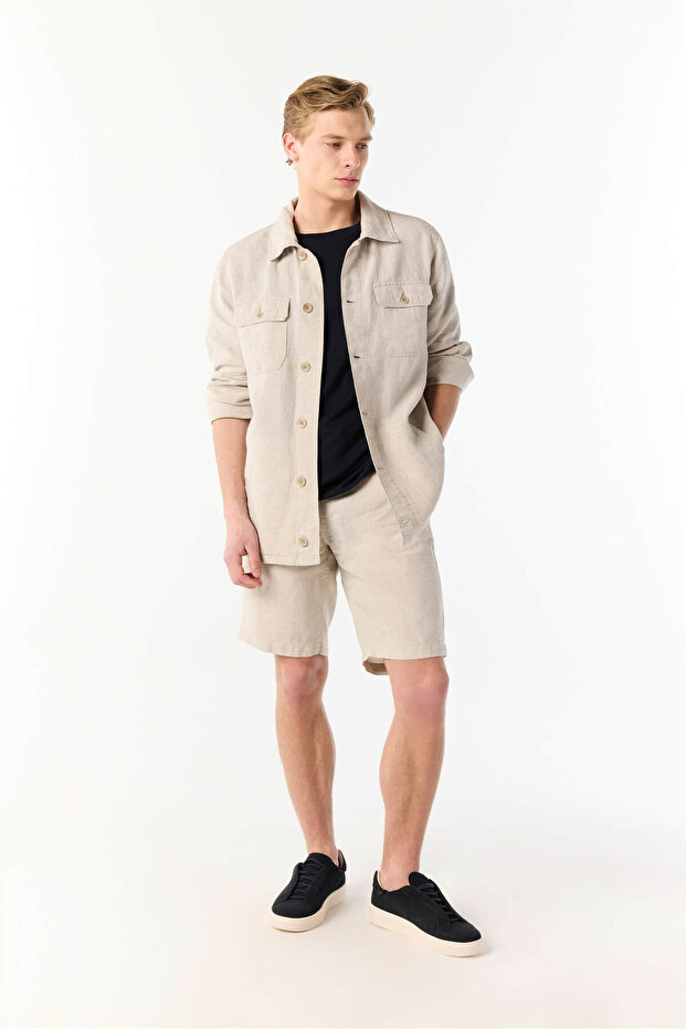 Men's Beige Color Tie-Waist Linen Shorts