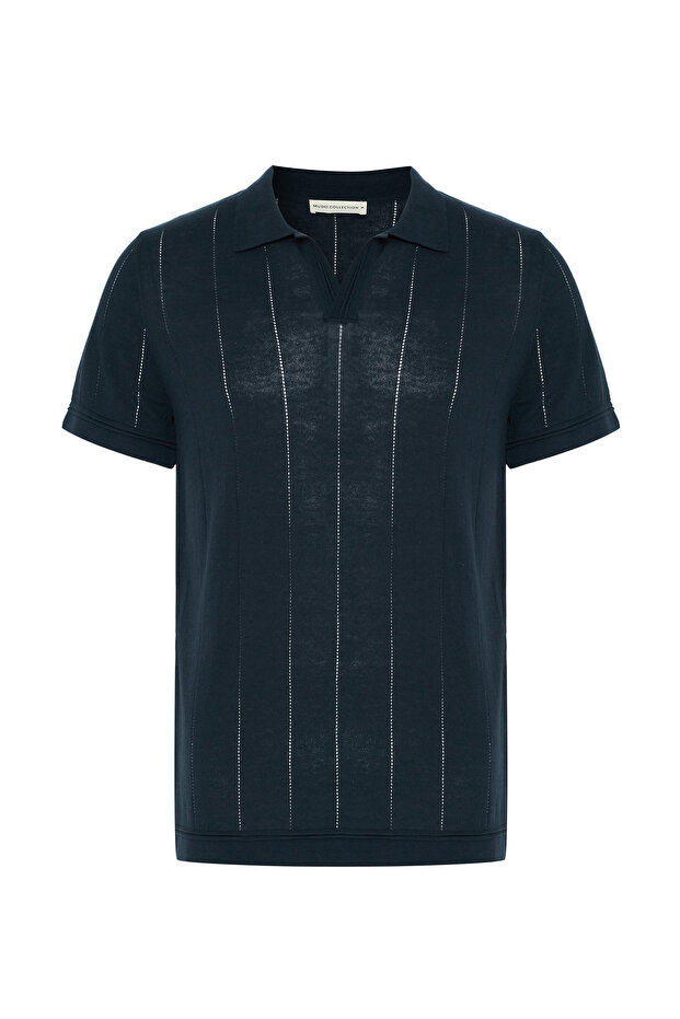 Men's Navy Blue Polo Neck Short Sleeve Sweater