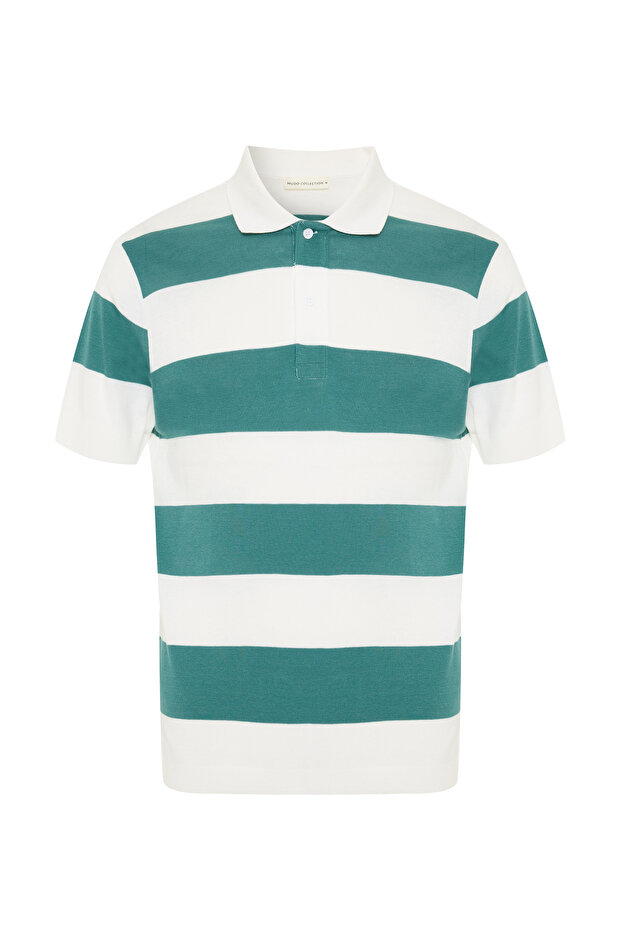 Men's Green Striped Polo Collar Short Sleeve Sweater