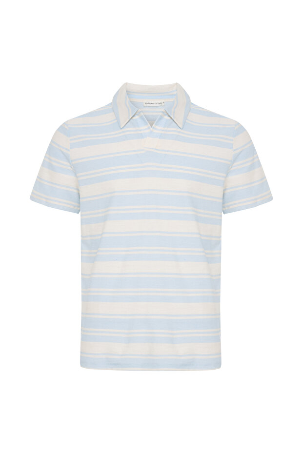 Men's Blue Striped Polo Collar Short Sleeve T-Shirt