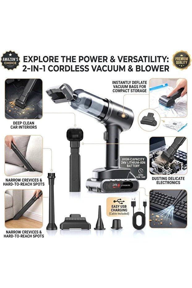 Handheld Car Vacuum Cleaner Cordless, 15000PA High Power Car Vacuum Cleaner & Air Duster, 4-in-1 Por