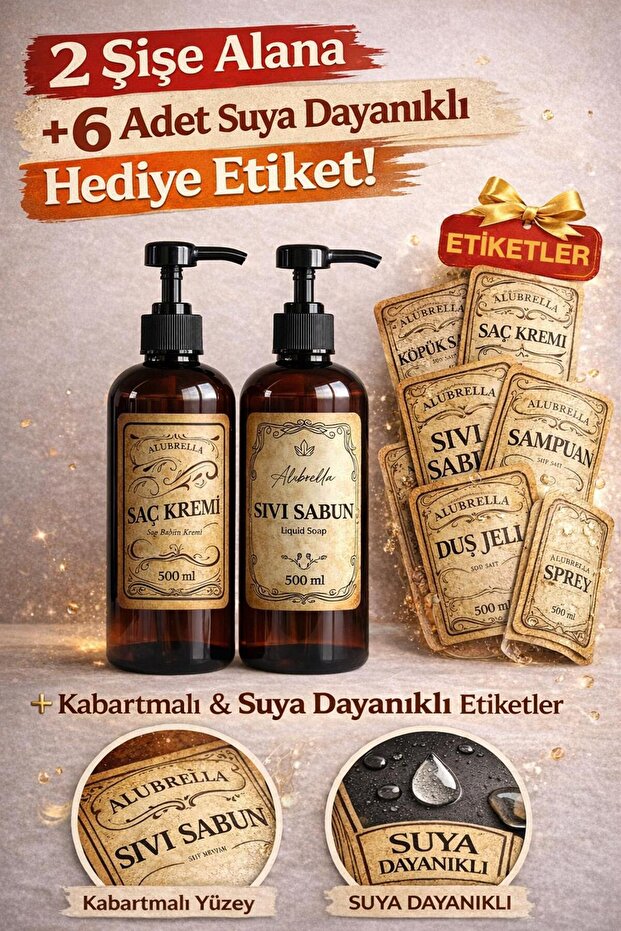 Plastic Bottle Set, 2 Pieces of 500 ml and Bathroom-Themed Labels