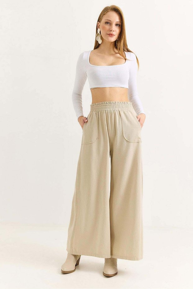 Women's wide leg trousers with pockets Seam Detail trousers beige