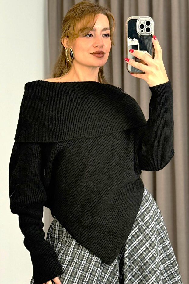 Women's Asymmetrical Cut Bat Sleeve Sweater Black