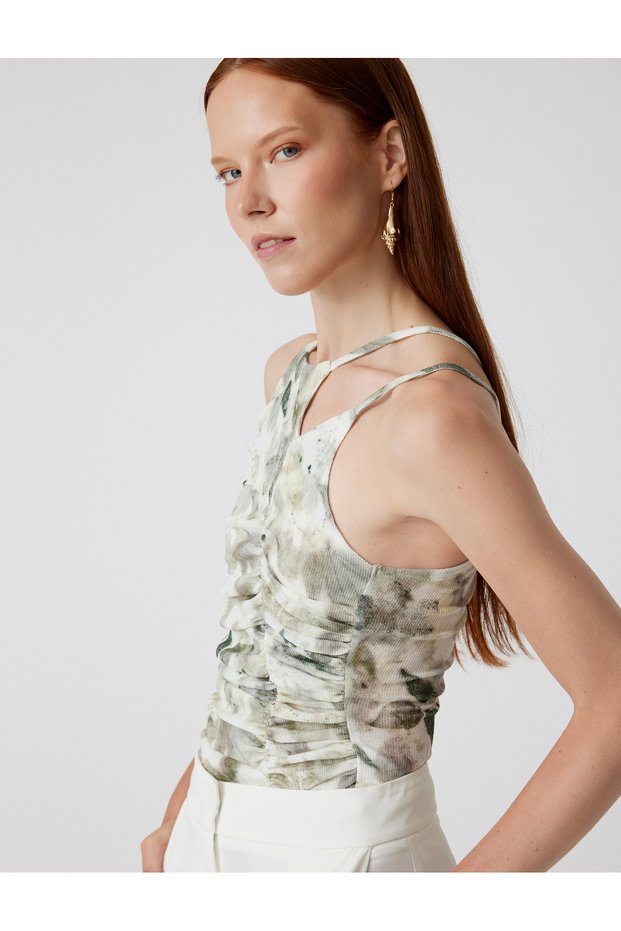 Asymmetrical Strappy Top with Floral Draping Slim Fit