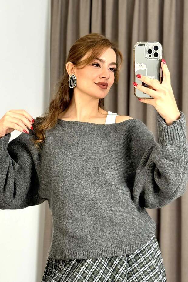 Women's Wide Collar Bat Sleeve Knitwear Sweater Anthracite