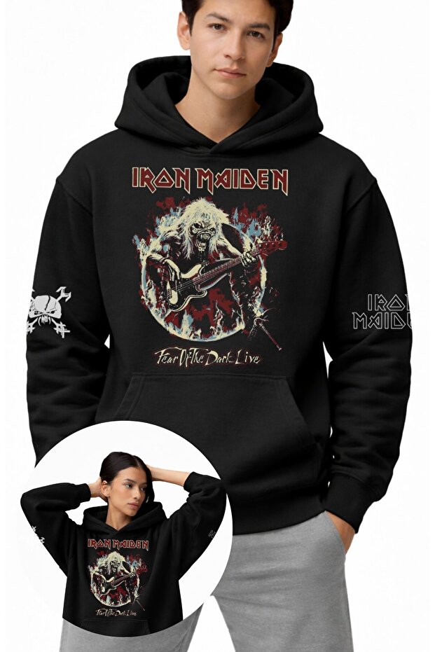 Unisex Oversized Iron Maiden Fear of the Dark Sleeve Printed Hooded Rock Band Sweatshirt