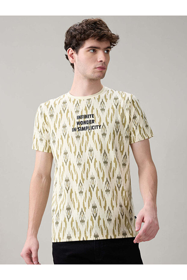 All Over Printed Round Neck Beige T-shirt