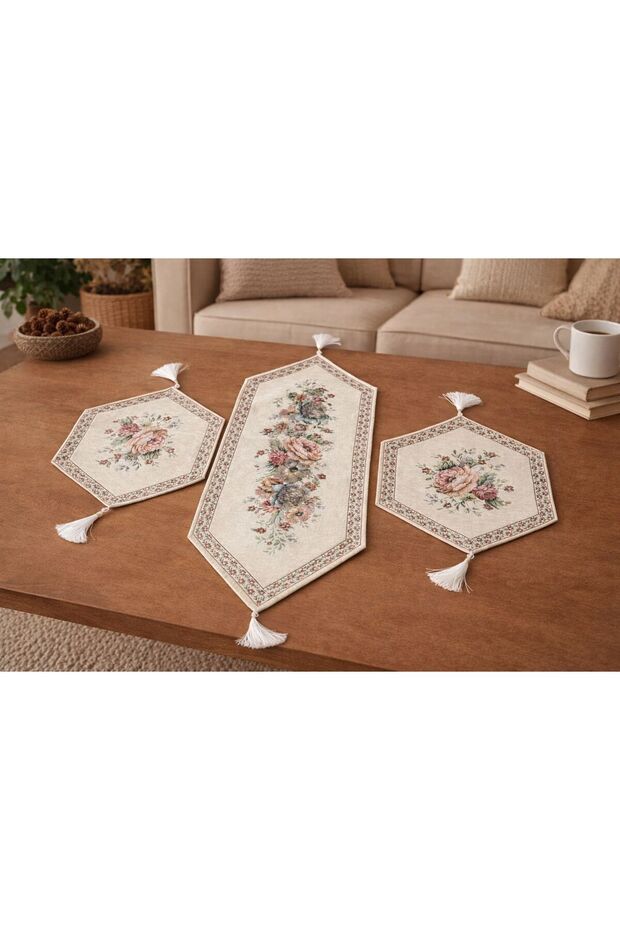 Vintage Bouquet Tasseled Runner & American Service Set 3 Pieces – 35X90 Runner + 2 Pieces 35X45