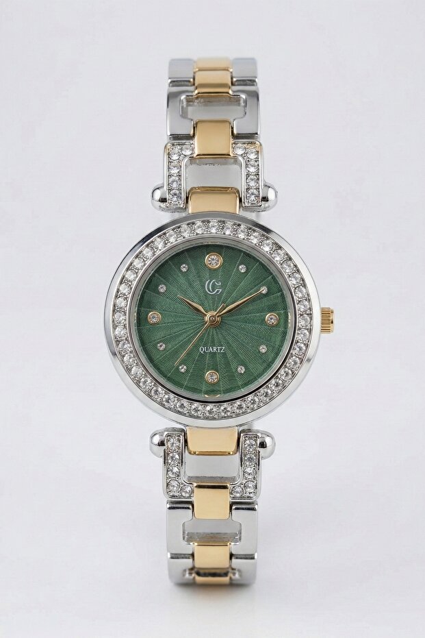 Stone Framed Emerald Green Women's Wristwatch