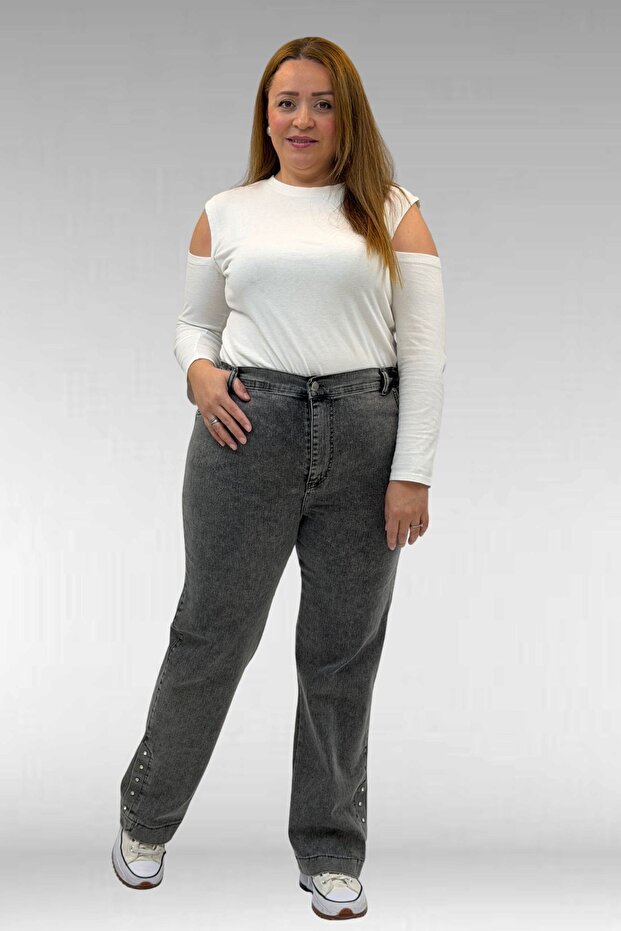 59024 Large Size Jeans with Stone Detail on the Hem - Anthracite