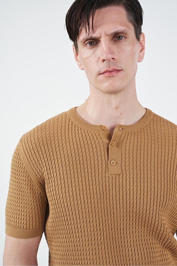 Textured Cycling Collar Tan Knitwear T-Shirt
