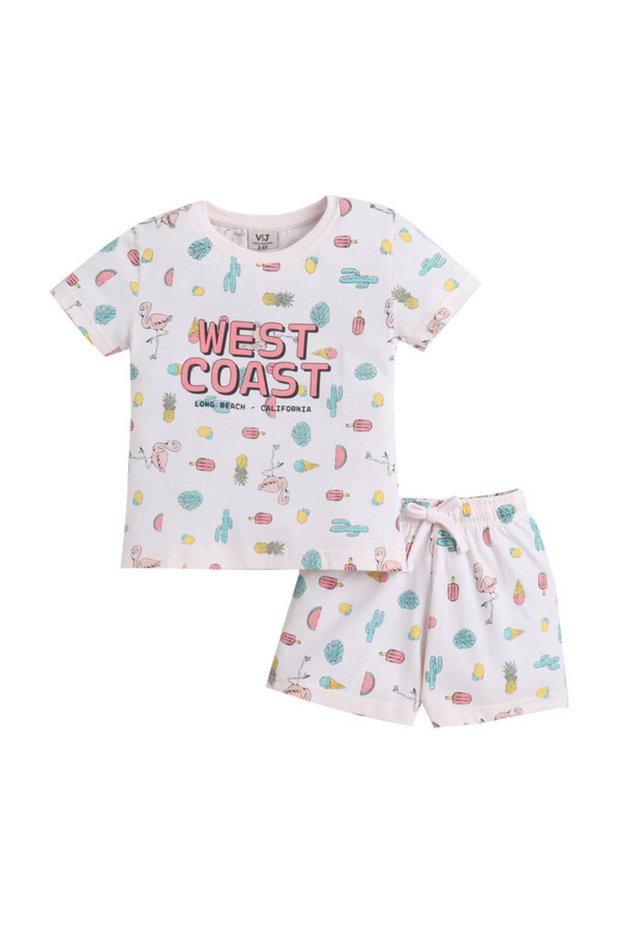 Girls West Coast Print Cotton Pajama Set – T-Shirt & Shorts Nightwear