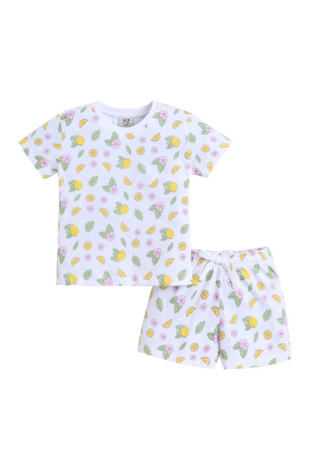 Girls Lemon Print Cotton Pajama Set – T-Shirt & Shorts Nightwear