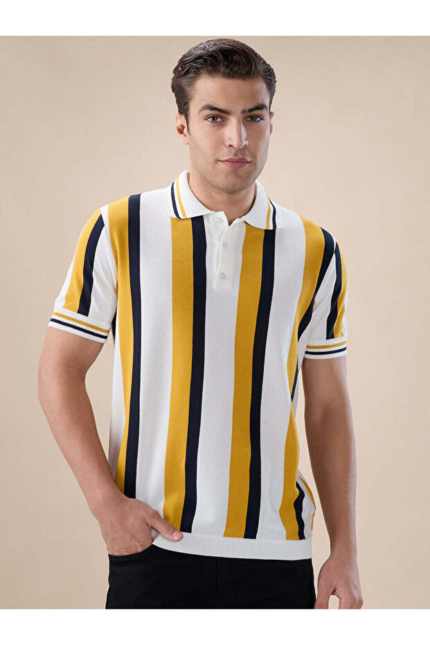 Vertical Stripe Knitted Regular Fit Sunflower Polo T-shirt