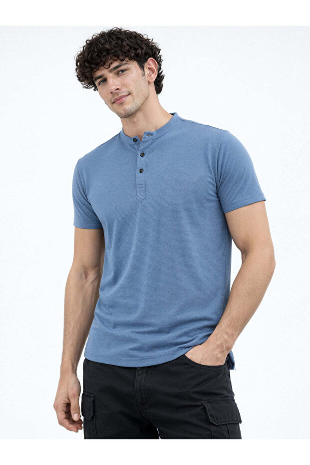Solid Henley Neck Regular Fit Slate Blue T-shirt