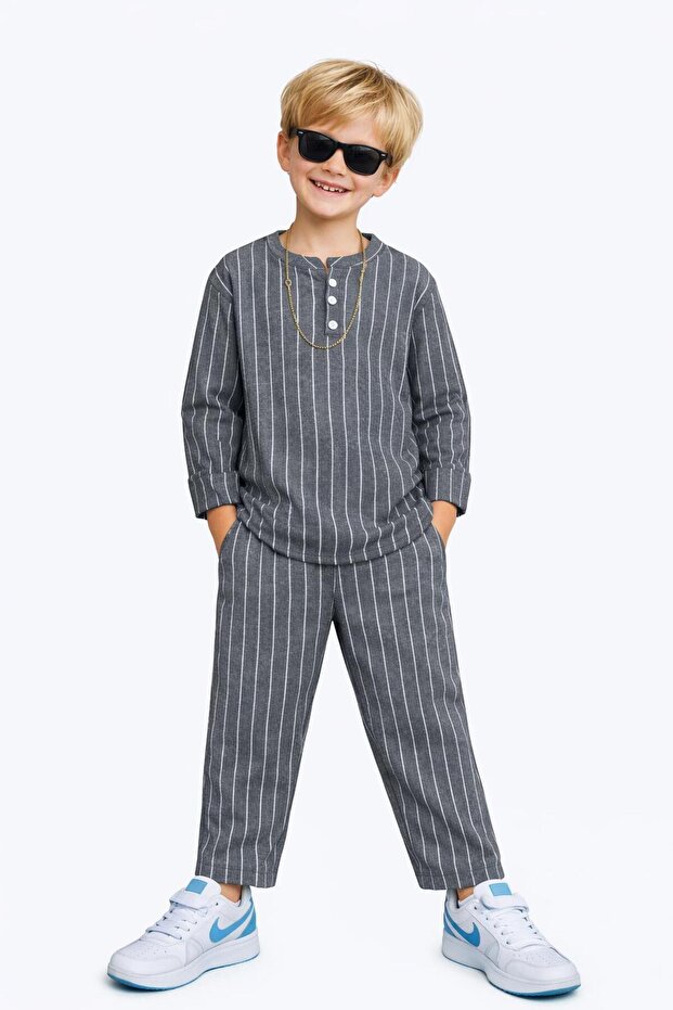 Boys' Linen Striped Two-Piece Set – Stylish and Comfortable Casual Combination (Shirt + Pants) 9262g