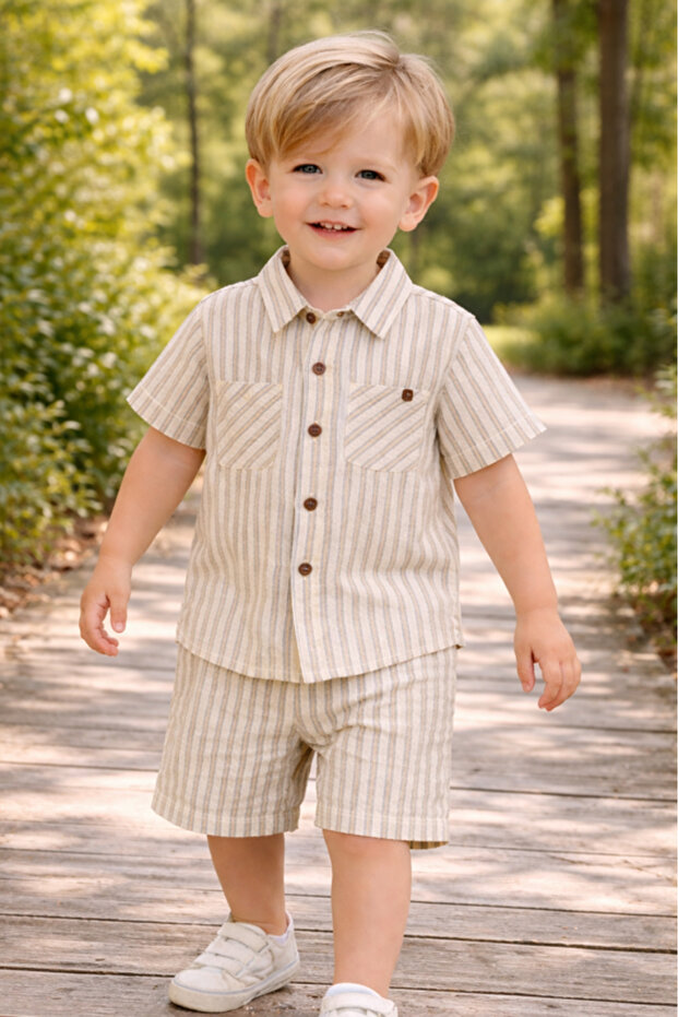 Boys 2 Pc Set “Coastal Stripe” Collared Button-Front Shirt & Draw-Waist Shorts Set