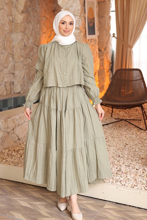 Khaki Buttoned Shirt and Skirt Set