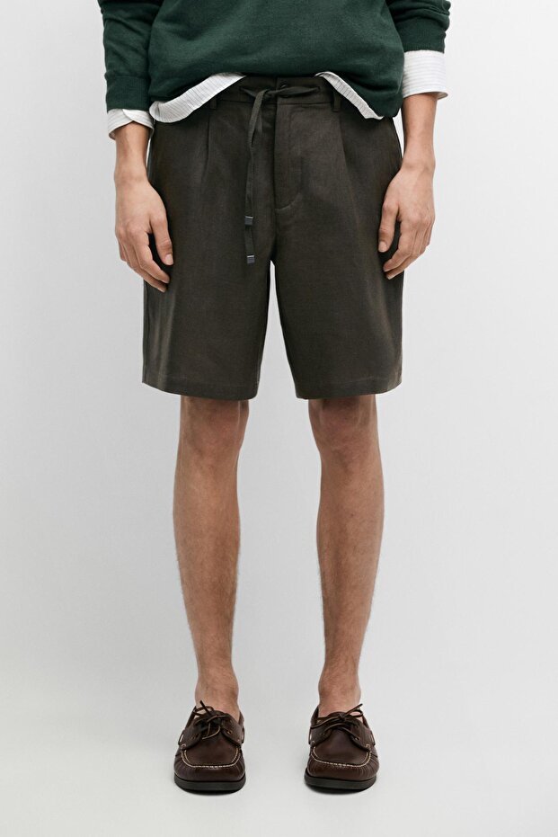 Elastik detaylı keten bermuda şort - 2