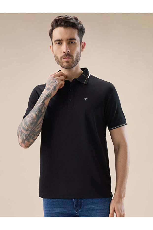 Solid Regular Fit Brand Logo Print Black Polo T-shirt