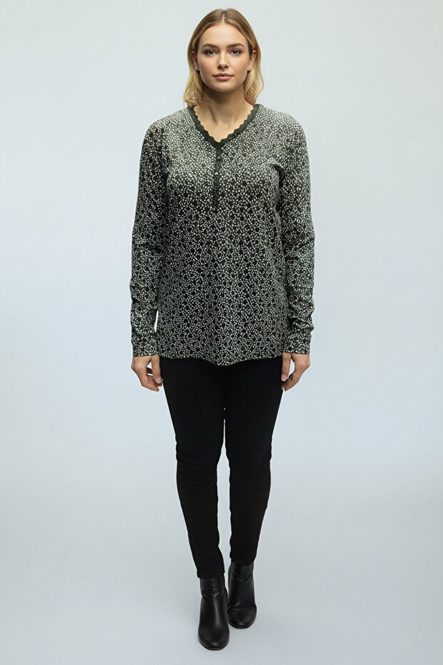 Women's V-Neck Lace Detailled Patterned Lycra Summer Blouse