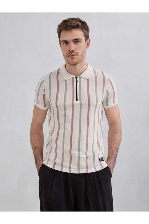Striped Regular Fit Off-White Polo Collared T-shirt