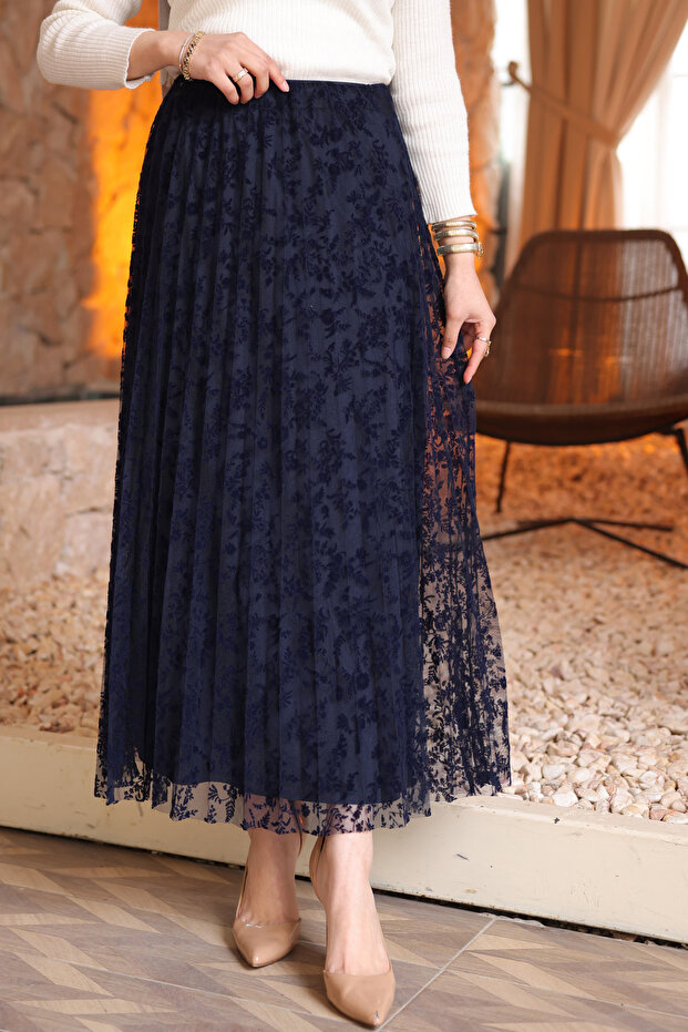 Navy Blue Pleated Flocked Printed Lined Tulle Skirt