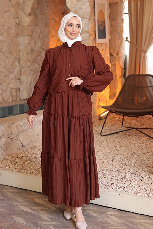 Brown Buttoned Shirt and Skirt Set