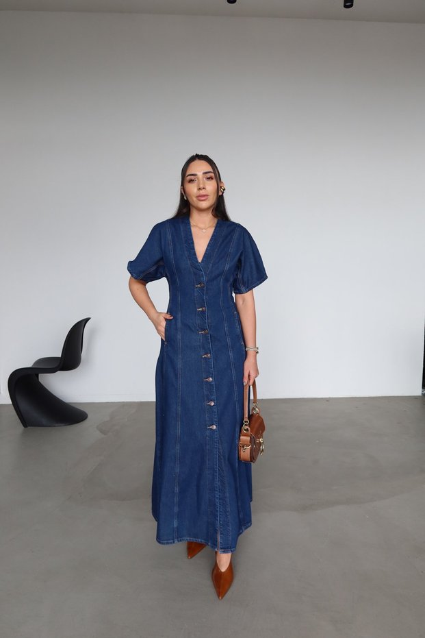 V-Neck Short Sleeve Denim Dress