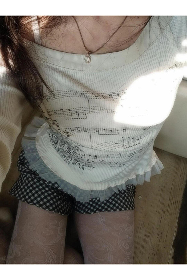 Romantic Melody Nota Desenli Patchwork Bluz - 3