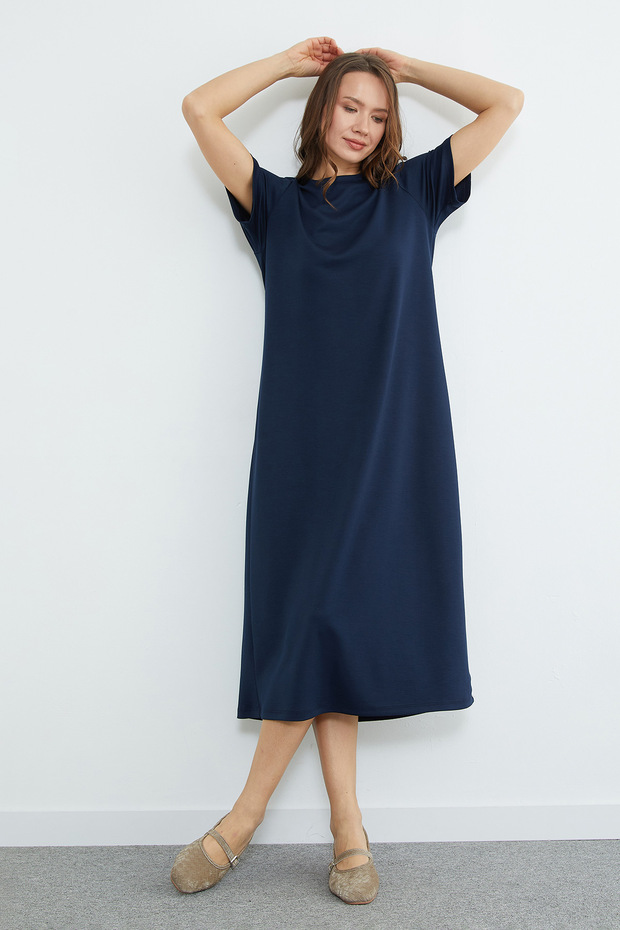 Basic Bisiklet Yaka Midi Boy Modal Elbise - 6