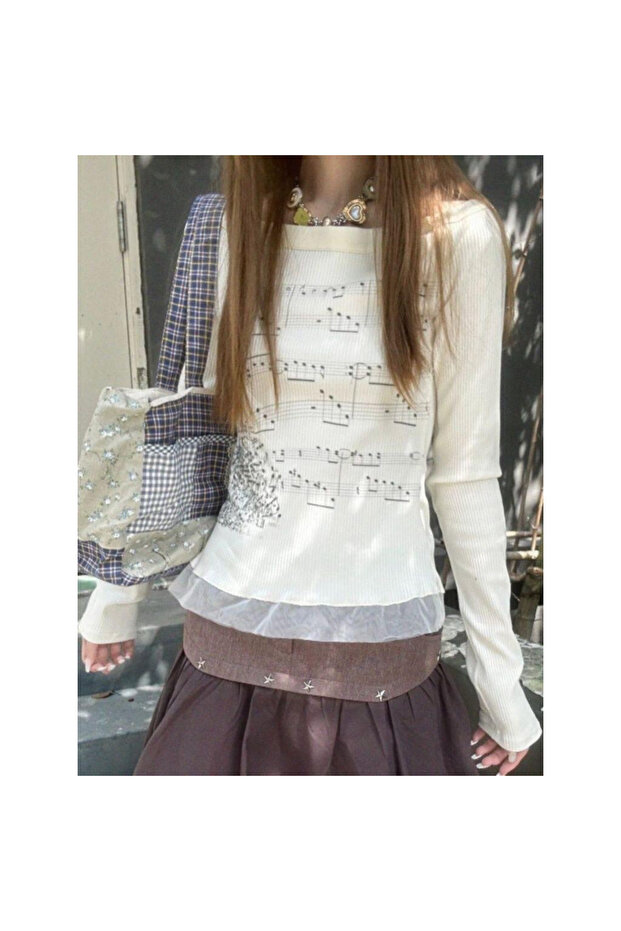 Romantic Melody Nota Desenli Patchwork Bluz - 2