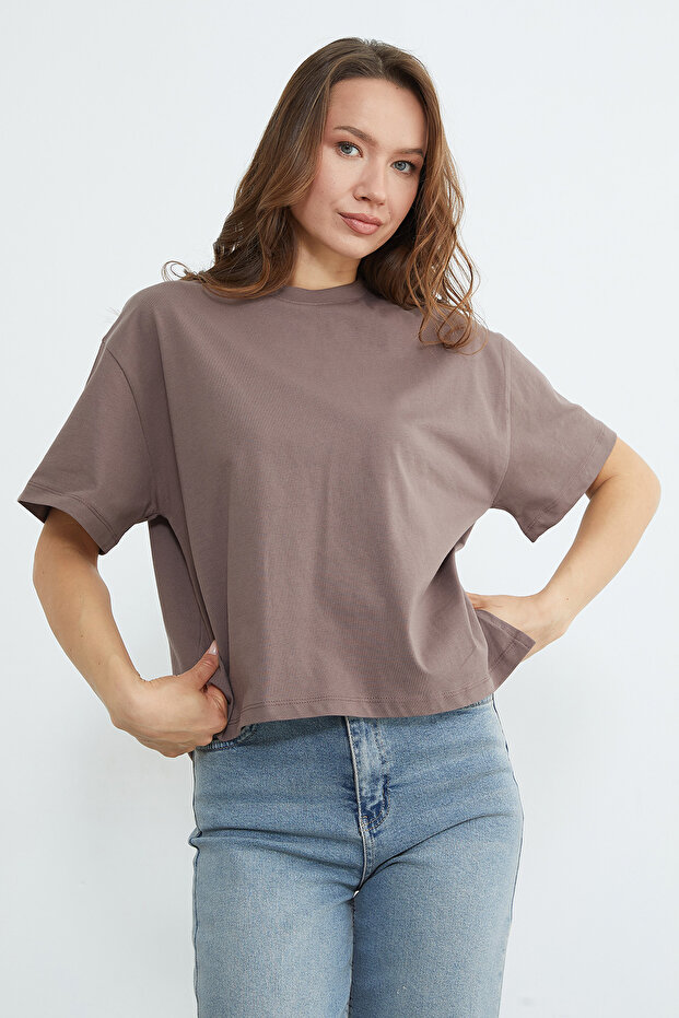 Basic Bisiklet Yaka Crop Tişört - 3