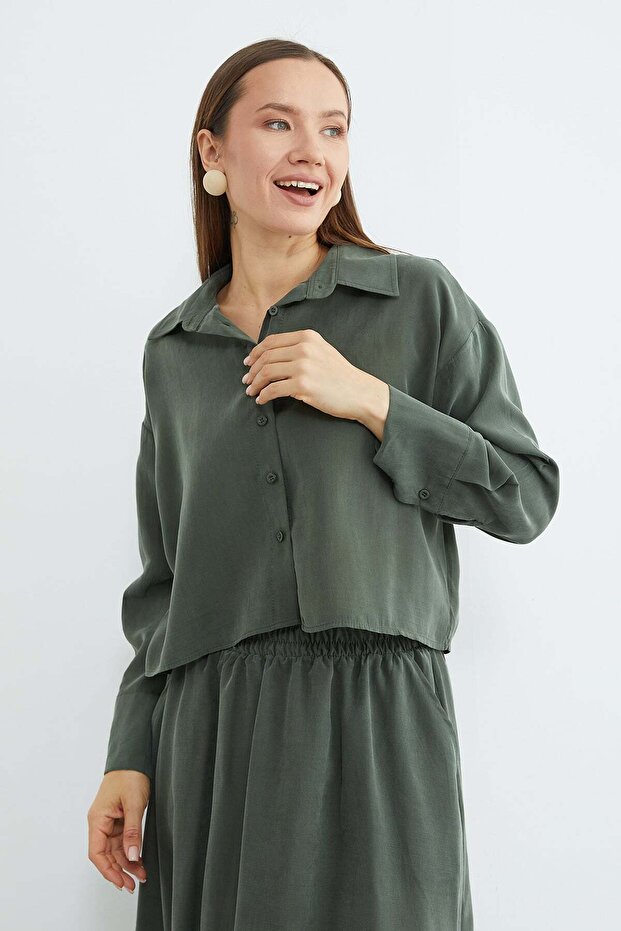 Basic Düğmeli Salaş Crop Gömlek - 3