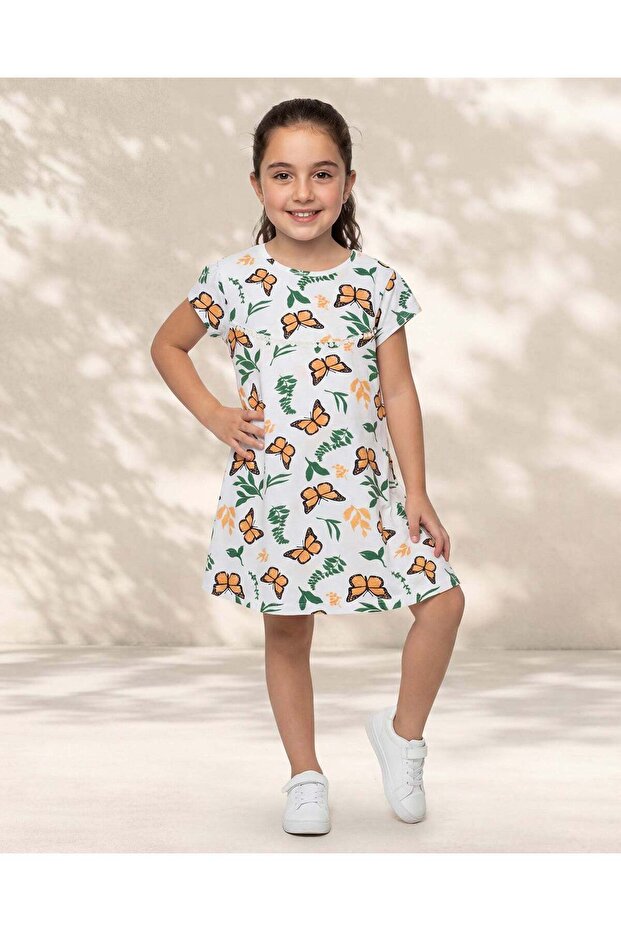 Girls White Butterfly Print Dress