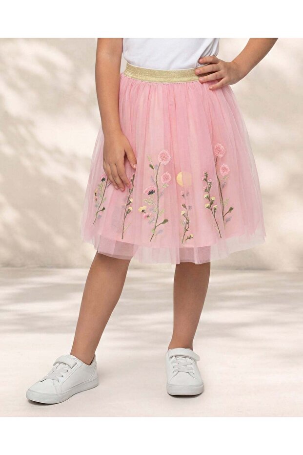 Girls Pink Embroidered Mesh Skirt