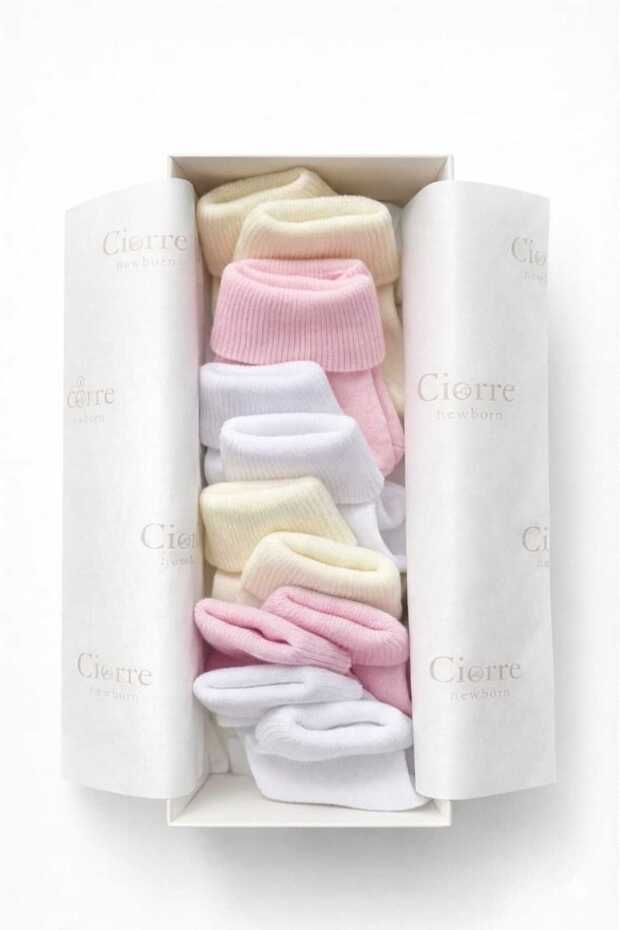 Baby Socks Set of 6 Cotton 0-6 Months - Pink Socks - Pink Ecru White