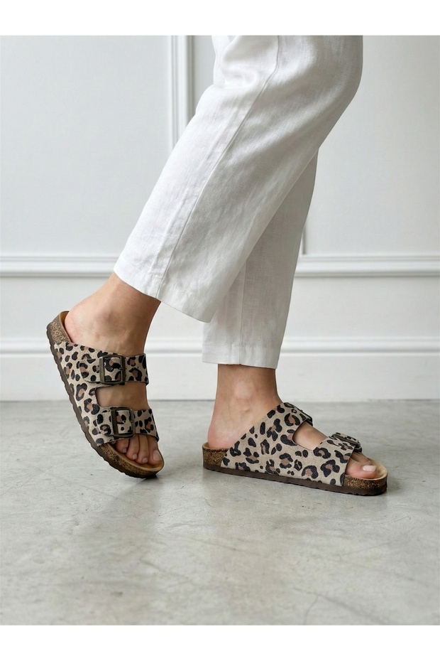 Women's Genuine Leather Orthopedic Slippers with Leopard Pattern, Double Buckle, Anatomical Cork Sole