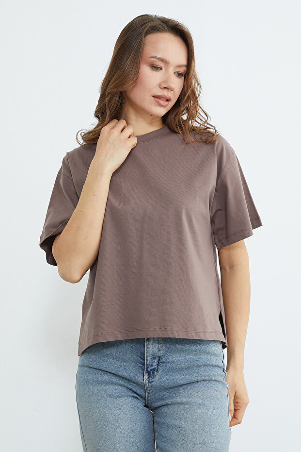 Basic Bisiklet Yaka Crop Tişört - 2