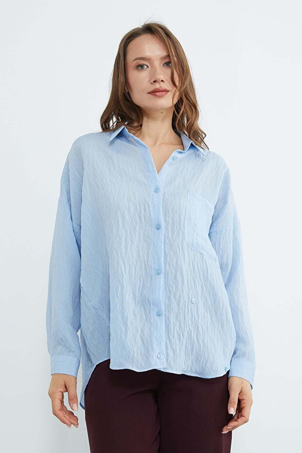 Tek Cepli Çapraz Düğmeli Oversize Gömlek - 5