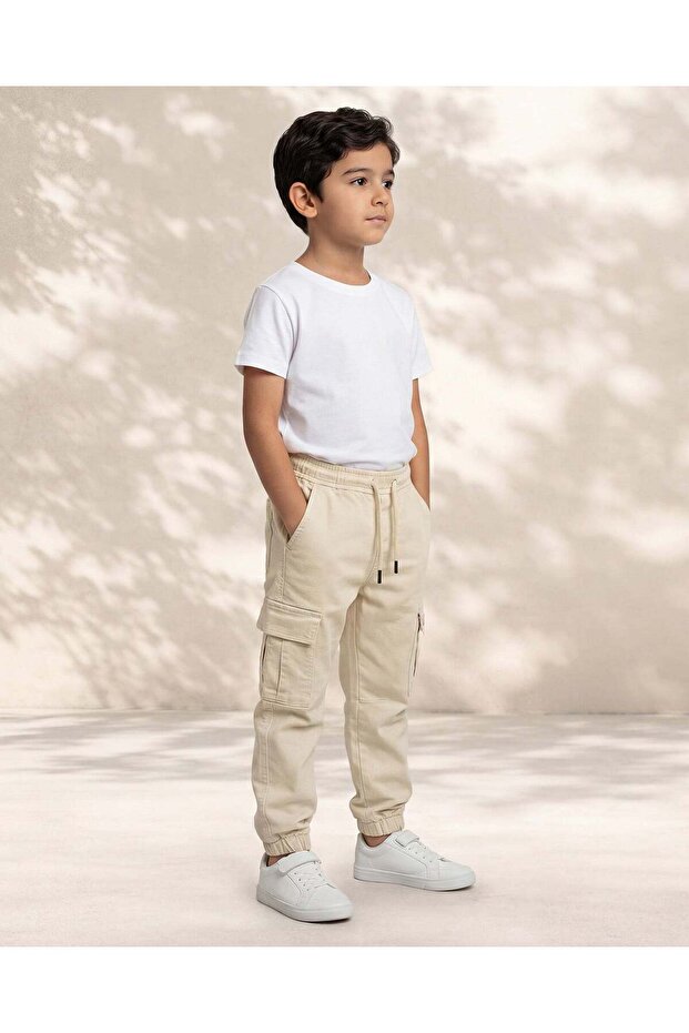 Boys Cream Knitted Denim Cargo Joggers