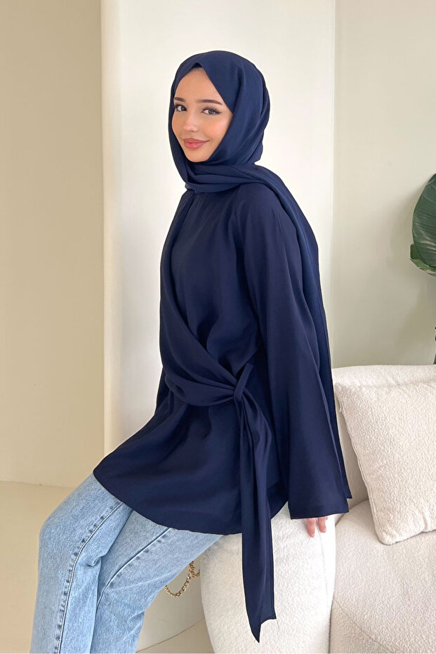 Side-Tie Shawl Blouse - Navy Blue