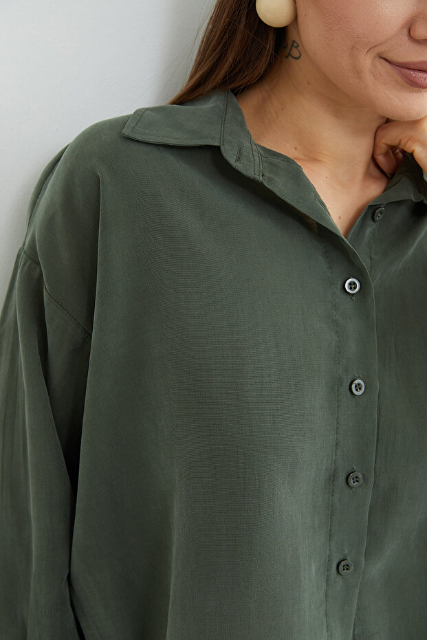 Basic Düğmeli Salaş Crop Gömlek - 6