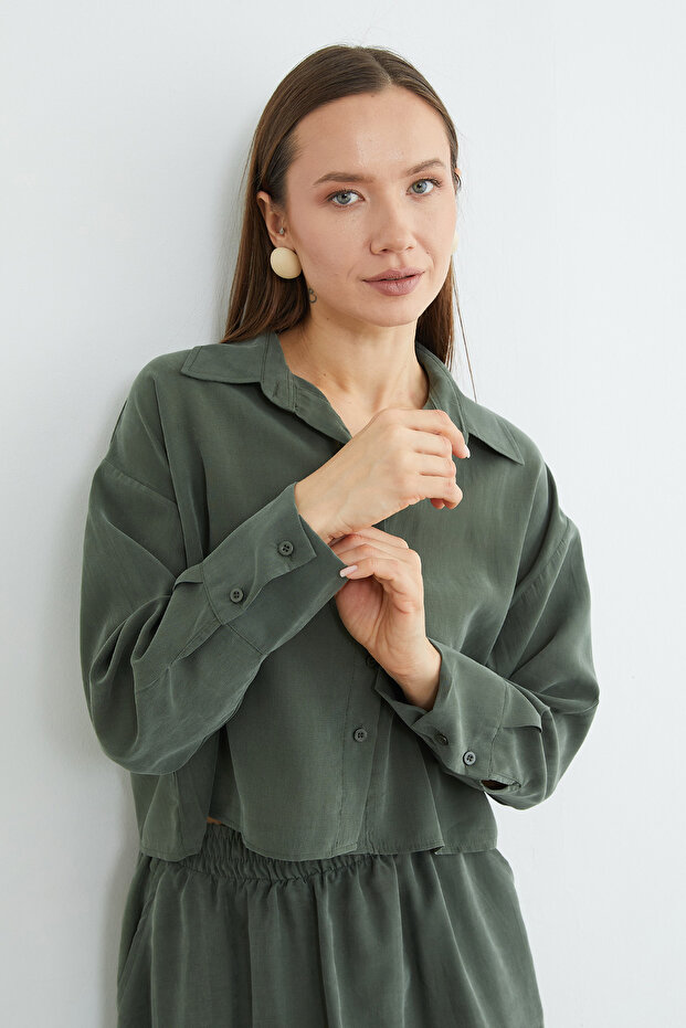 Basic Düğmeli Salaş Crop Gömlek - 5