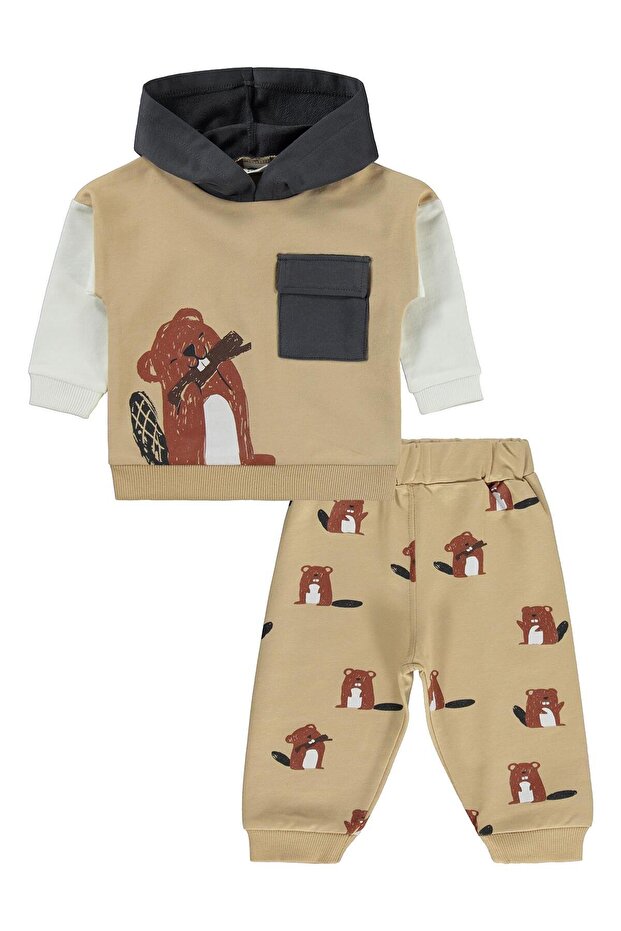 Hooded Jacket with Pockets 6-18 Months Set - Brown