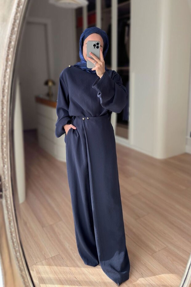 Double-Breasted Casual Suit with Pants - Navy Blue