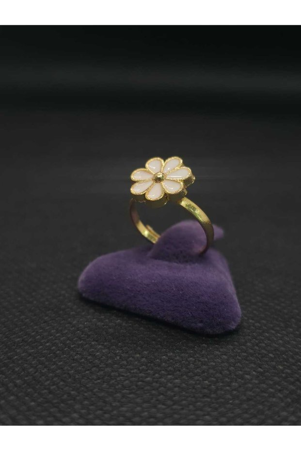 White Flower Model Steel Children's Ring with Enamel Embroidery, Yellow Gold Color Plated, Adjustable Size