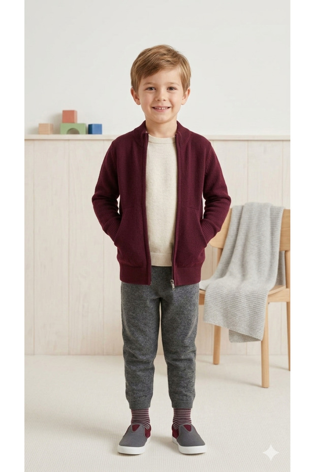 Boy's Zippered Burgundy Color Cardigan 6/13 Years Old