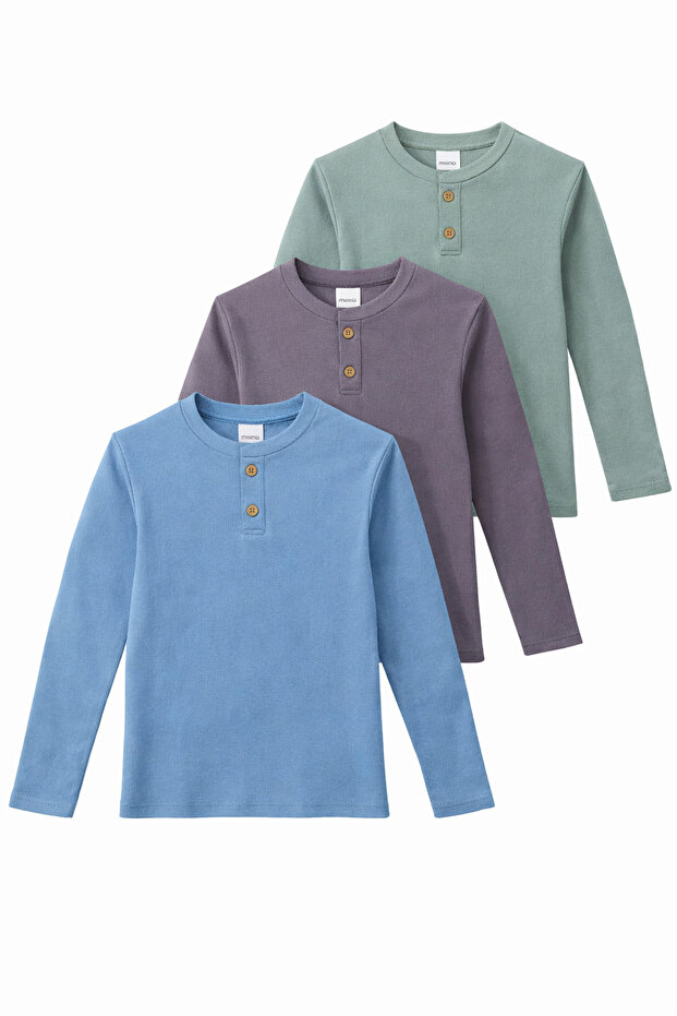 monox Erkek Çocuk 3’lü Paket Uzun Kollu Henley Yaka Sweatshirt